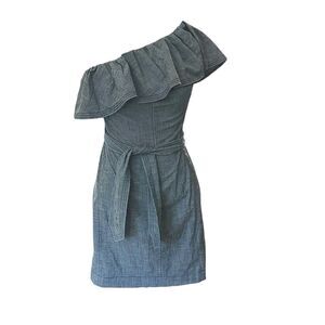 Trina Turk One Shoulder Ruffle Collar Brushed Denim Dress Size 2 Belted